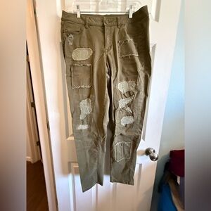 Lane Bryant Olive Green Patchwork Pants With Gold Stitching